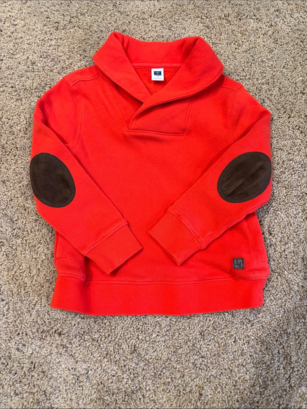 Janie and Jack Bright Red Shawl Collar Sweatshirt with Brown Elbow Patches